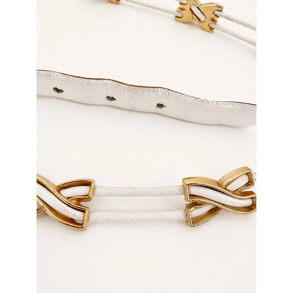 Calderon Leather Belt Womens S White‎ Gold Hardware Vintage Skinny Chic Luxury